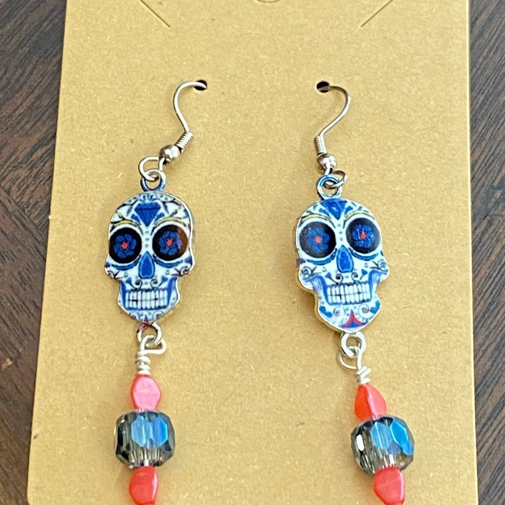 Sugar Skull Blue Flower Eyes & Pink Pinche Beads Beaded Dangle Earrings